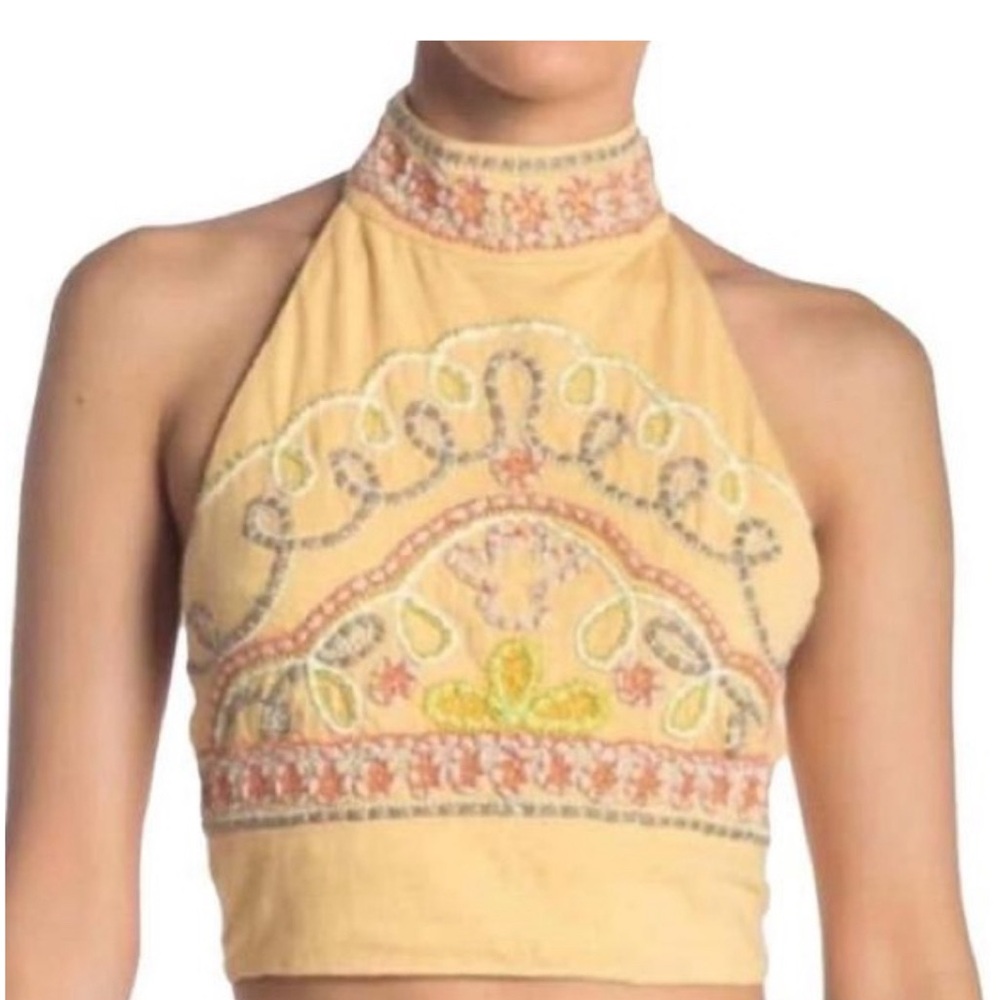 Free People Yellow and Gold Embellished High Neck Crop Top